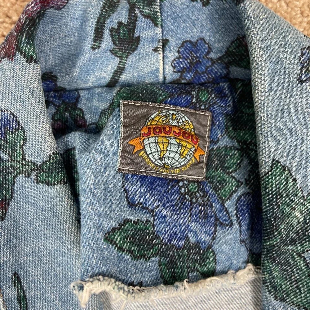 JOUJOU Blazer Womens S Blue Denim Floral Vintage 80s Oversized Boxy Long Jacket - Picture 7 of 13